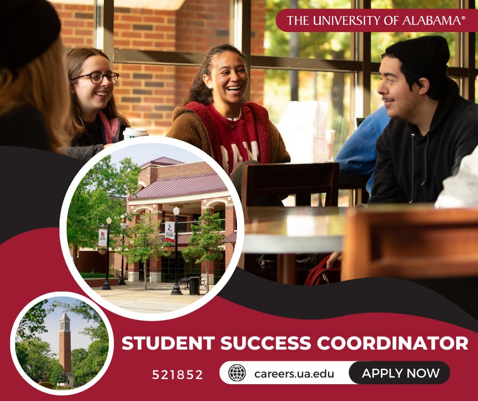 The Student Success Coordinator works with UA Early College students throughout the academic year by providing academic and college coaching support.

For more information and to apply:
bit.ly/UAJobs521852

#UAJobs #rolltide #UA #NowHiring #Work4UA #jobs4vets