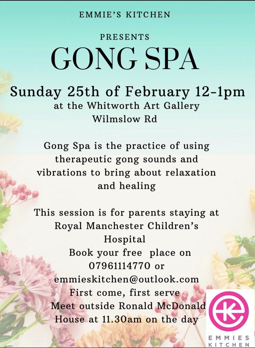 SkitchenEmmie's tweet image. New for 2024 we are offering a free Gong Spa workshop on Sunday 25th February 12-1pm the beautiful @WhitworthArt  gallery . The session is for parents staying with their poorly child @RMCHosp . Come as you are , all blankets , pillows are included. 1 hour of pure relaxation ❤️