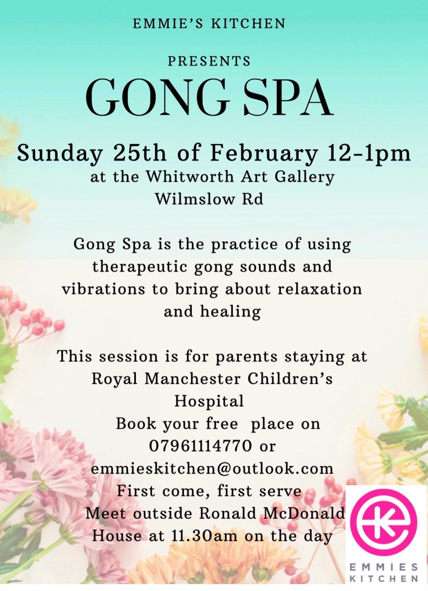 SkitchenEmmie's tweet image. New for 2024 we are offering a free Gong Spa workshop on Sunday 25th February 12-1pm the beautiful @WhitworthArt  gallery . The session is for parents staying with their poorly child @RMCHosp . Come as you are , all blankets , pillows are included. 1 hour of pure relaxation ❤️