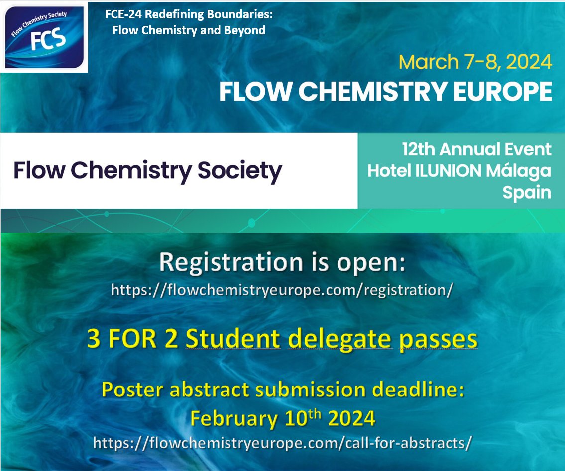 Few more days to submit your posters! 

Join us in sunny Malaga 🇪🇸 for some of the best #FlowChemistry talks and posters.

Check out the great speaker list and subscribe today:  flowchemistryeurope.com

You do not want to miss this one 😉