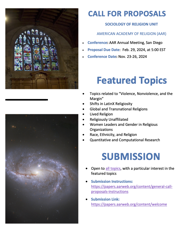 ✨CFP✨The sociology of religion unit @AARWeb calls for proposals to the 2024 Annual Meeting in San Diego. See below re the featured topics and submission instructions😀 @DustyHoesly @critresrel @ASReligion @SSSReligion @ReligResearch @ASA_Religion @IssrSisr @isa_rc22