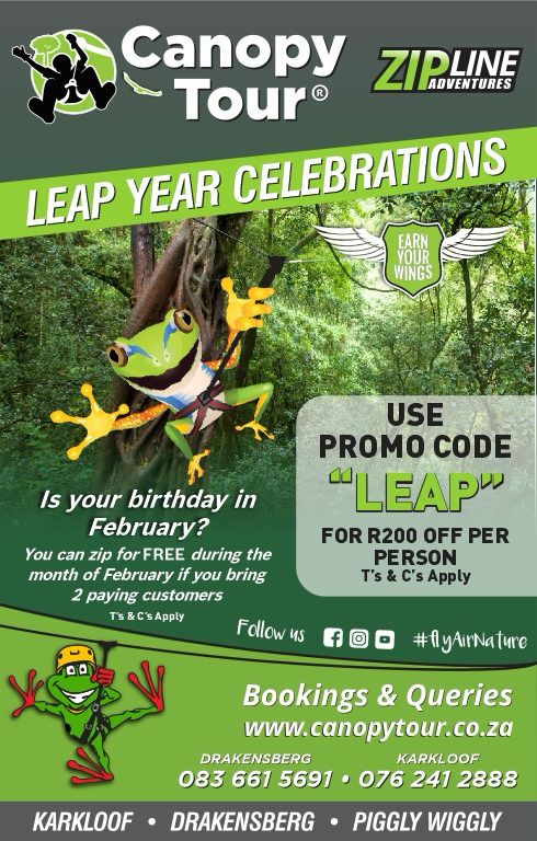 Leap into new heights with these specials for the month of Feb, at Karkloof Canopy Tours.🥳

#MidlandsMeander #KarkloofCanopyTour #FebruarySpecial #LeapYear #ZipLining #Trending #CreateNewMemories