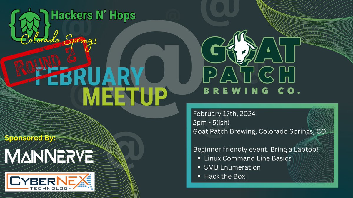 HackersNHops's tweet photo. Since a lot of people weren't able to make last weeks meet on account of snow, we're doing it again! Come join us for February Round 2 for Colorado!

We'll have a hands on SMB lab for you to play on and an SMB Basics cheat sheet you can take home.

Cheers! https://t.co/xix0NCynrY