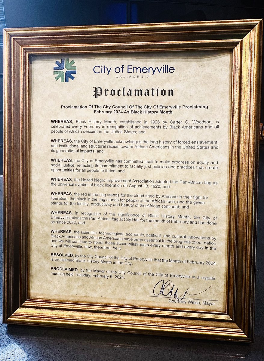 On Tuesday night I had the great honor of issuing my first proclamation as mayor: Proclaiming February 2024 as Black History Month in the city of Emeryville.