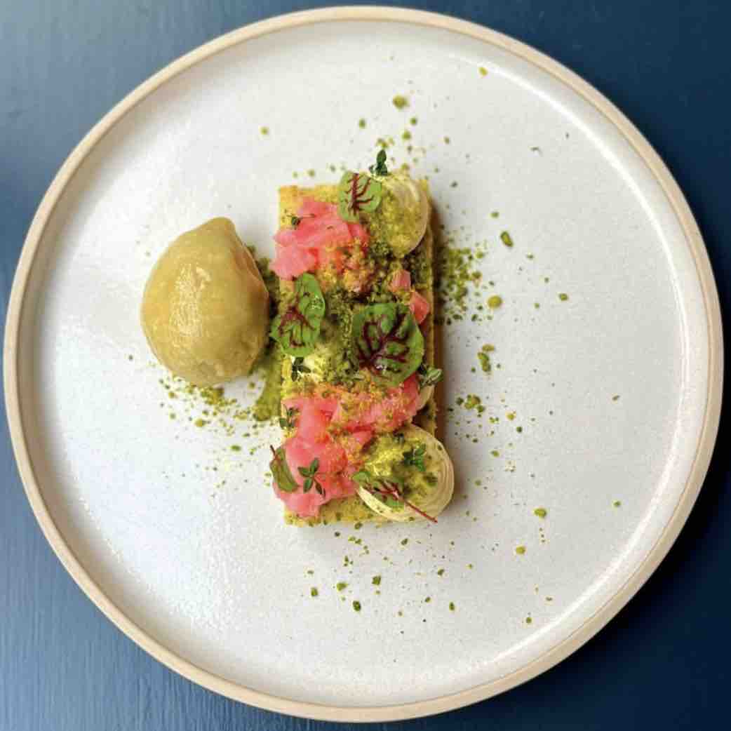 Throwback to our February menu back in 2022😍🍽️ - Poached rhubarb, orange and pistachio financier, white chocolate cream. Will you be trying our February 2024 menu?👀 Secure your table - dobsonandparnell.co.uk/book-online/