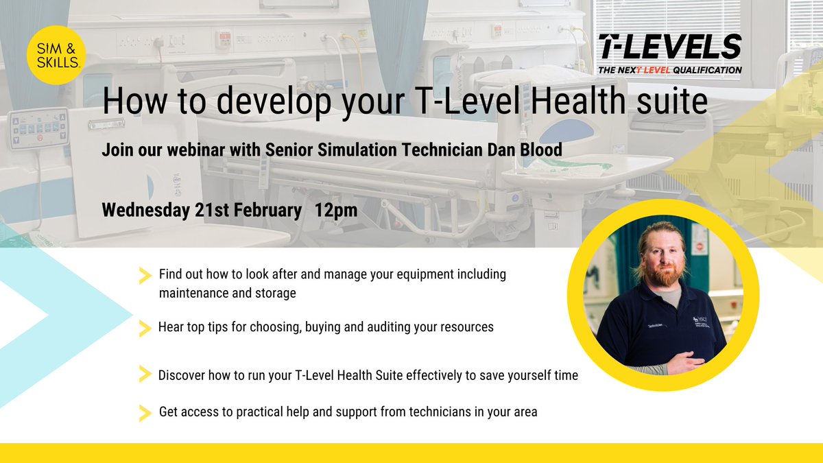 Learn from Healthcare Simulation experts.

And get the support you need to develop your T-Level Health suite.

Join our webinar with <a href="/SurreySimTech/">Dan Blood</a> Senior Simulation Technician at the University of Surrey:

🟡Learn how you can develop and manage your T-Level Health suite
🟡Get