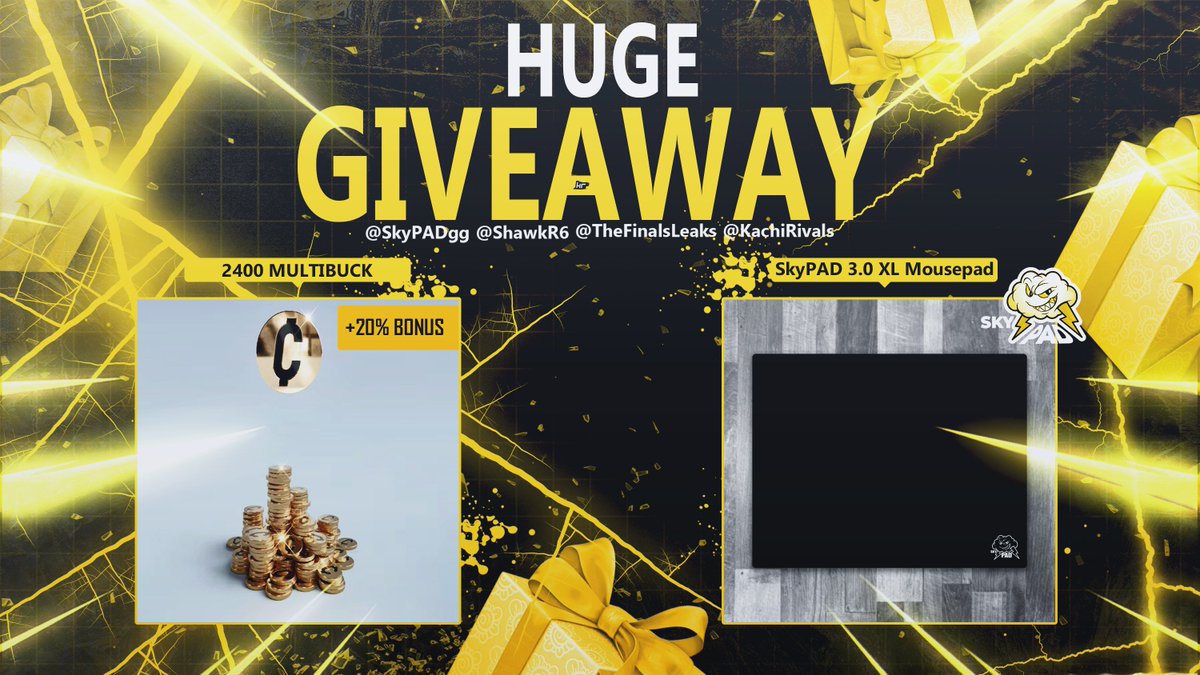 🎉GIVEAWAY!🎉

🏆3 People will win:
◻ Skypad 3.0 XL Black
◻ 2400 multibucks

How to Enter:
◻ Follow
<a href="/TheFinalsLeaks/">THE FINALS - News & Updates</a>
@KachiRivals
<a href="/ShawkR6/">Shawk 🦋</a>
&amp;
@SkyPADgg

◻ Retweet + Like Post
◻ Tag 2 Friends

🎁Winners will be declared in a week (2/15/2024)
#THEFINALS #REACHTHFINALS