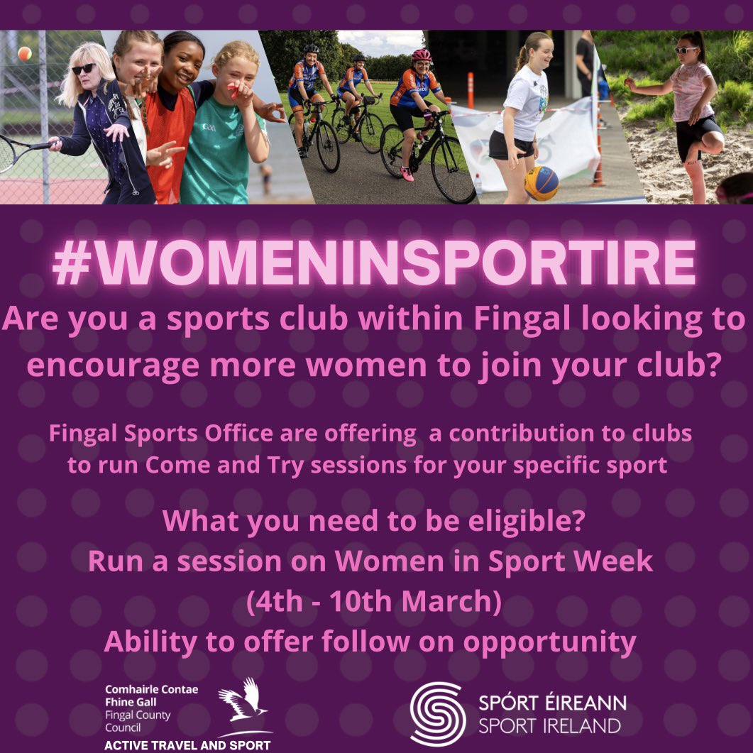 FingalSports's tweet image. Are you a sports club within Fingal looking to encourage more women to join your club? 

Check out bit.ly/FingalWIS and your club could receive €250 contribution to support a Come and Try session for your specific sport!

@Fingalcoco @fingallibraries @HealthyFingal