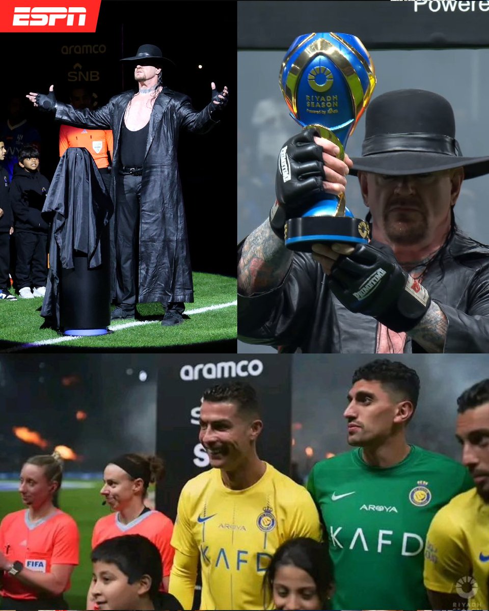 ESPNmx's tweet photo. El 'croosover' que no sabíamos que necesitábamos... 😎

The Undertaker 🤝 Cristiano Ronaldo. 

El legendario luchador presentó el trofeo en amistoso del Al-Nassr. https://t.co/FYK1eOXyEC