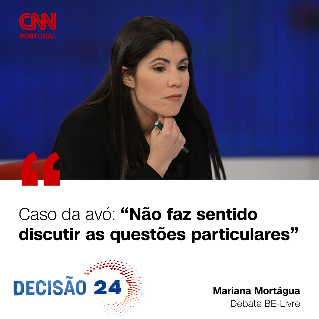 cnnportugal's tweet photo. No último debate trouxe o caso da sua avó e Mariana Mortágua não esclareceu totalmente a questão. Saiba mais em https://t.co/sTlf70KM4O

#decisão24 #eleições #debates #BE https://t.co/fOl4Z9Hopz