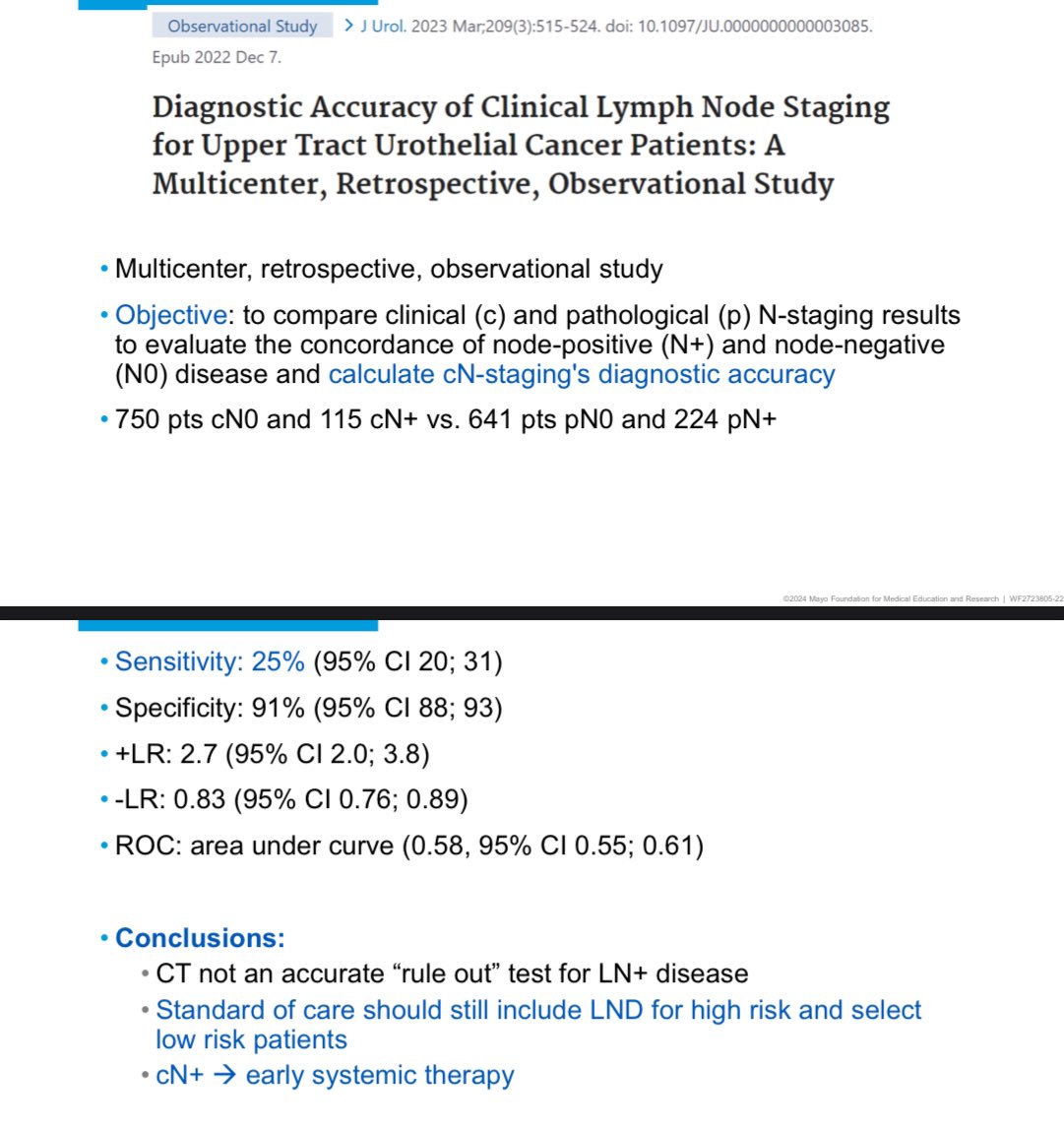 Lymph node dissection is an essential part of nephroureterectomy. Imaging with only 25% sensitivity for nodal disease. Adapt template to location of tumor. @potretzke @MayoUrology #MayoUroHawaii24