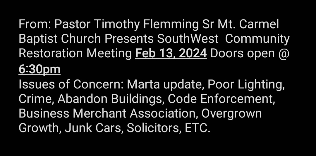 SW Atlanta residents: Heads up for a community meeting designed for you to weigh in on the issues of concern to you and your neighborhood.