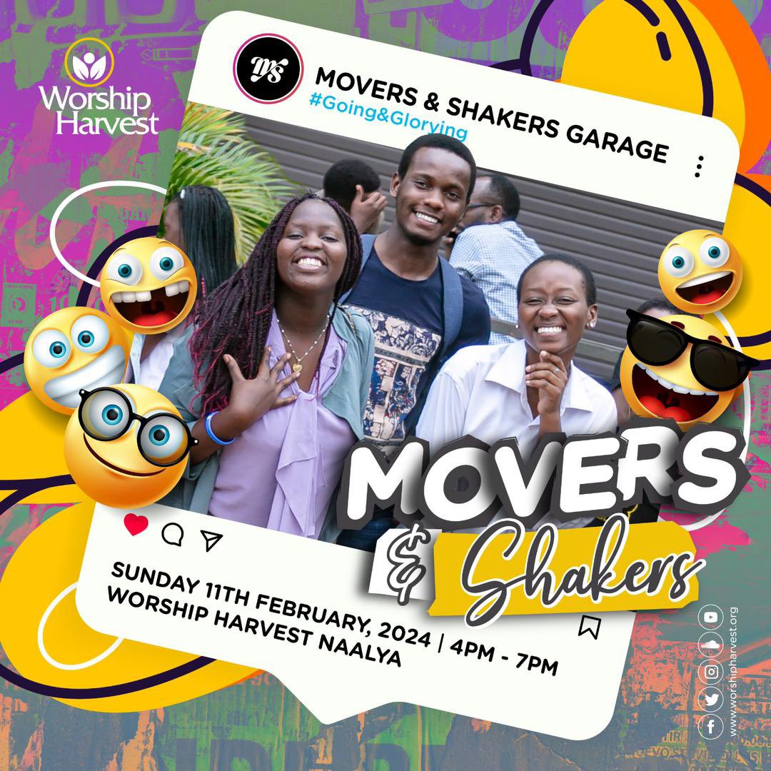 😎😎😎
*Movers & Shakers Garage is oonnn with a hotttiii bangggg this Sunday*

Happening at Worship Harvest Naalya, 4-7PM. 

Invite all your friends for the M&S experience 💃🏽

#MoversAndShakers
#GoingAndGlorying
#WorshipHarvest