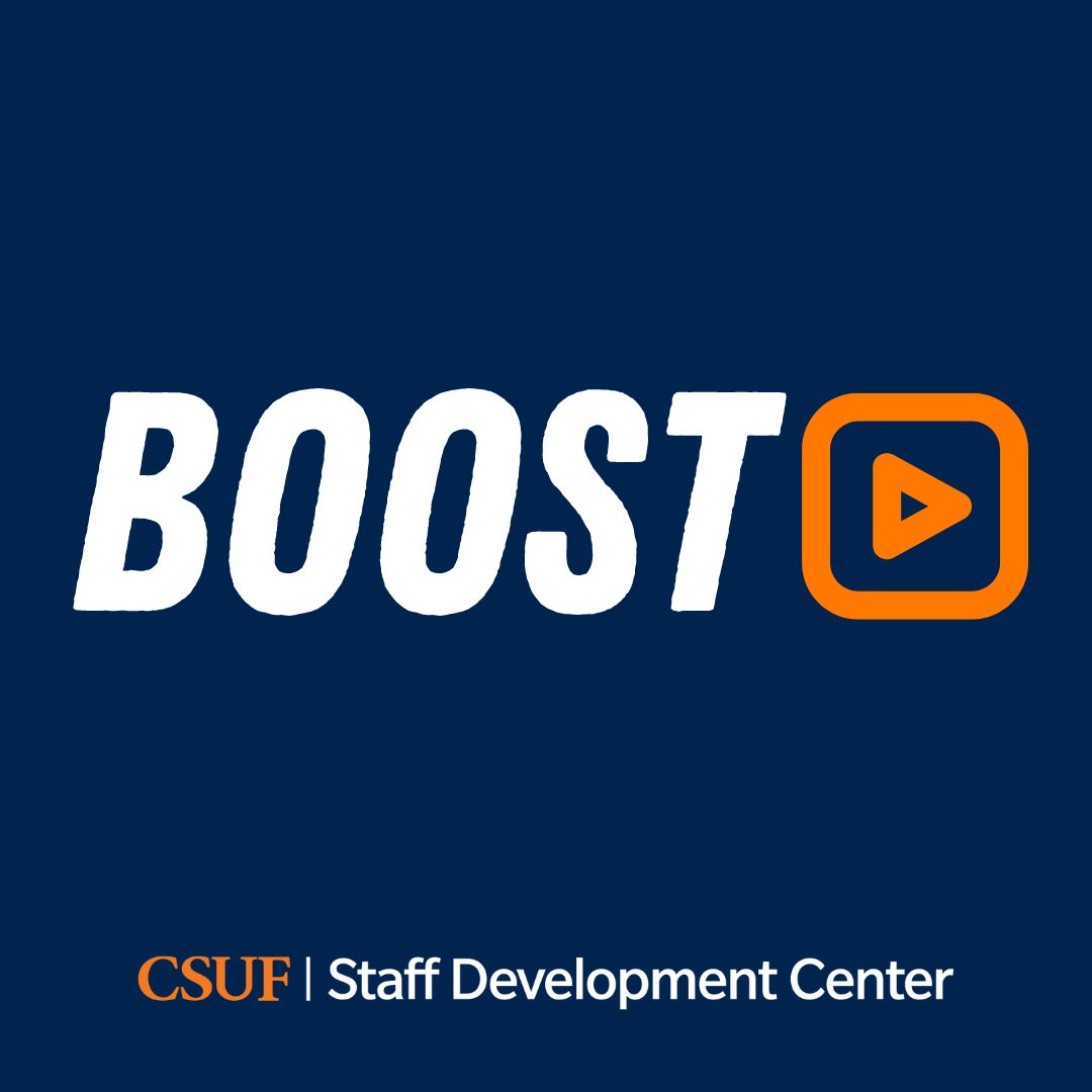 “Boost” is a lunchtime professional development discussion series occurring monthly. Staff are invited to view a short LinkedIn Learning course video or TED Talk together and engage in discussion. Lunch will be provided! Register and see dates here fullerton.qualtrics.com/jfe/form/SV_7a…