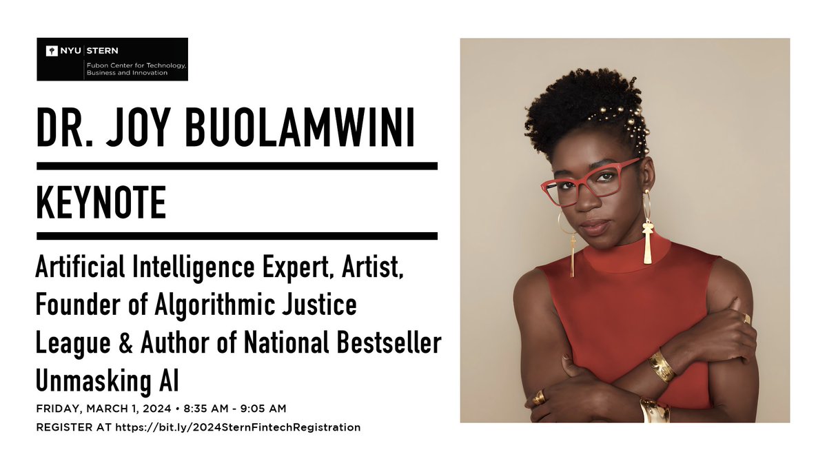 On 03/01/24 The Fubon Center is excited to welcome Dr. Joy Buolamwini, @jovialjoy, AI Expert, Artist, & Founder of Algorithmic Justice League, as our keynote speaker at the 2024 @NYUSternFintech Conference: Living Large: The Latest on AI in Finance. bit.ly/2024SternFinte…