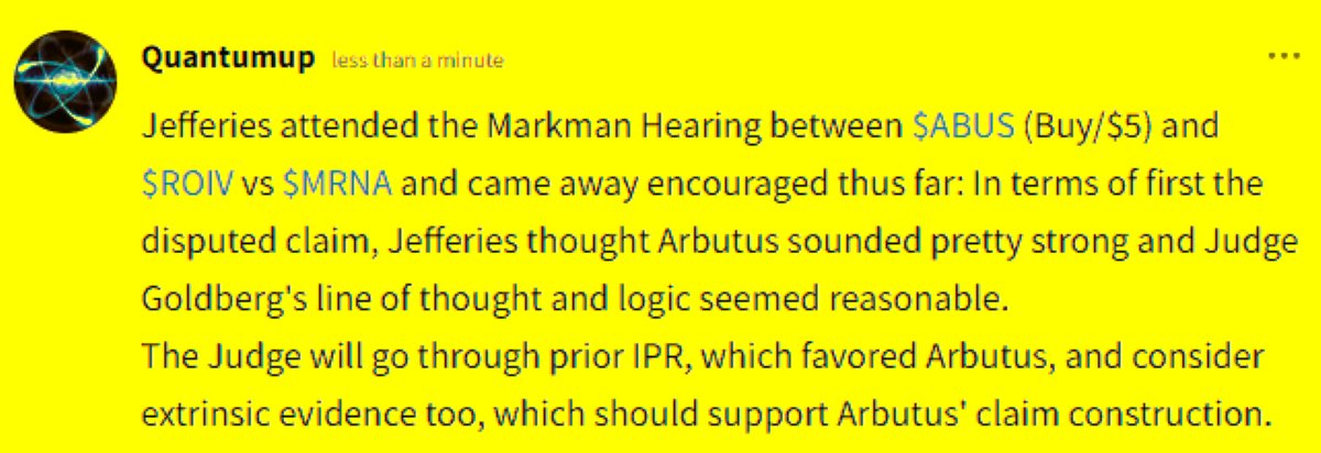 Quantumup1's tweet photo. Jefferies attended the Markman Hearing between $ABUS (Buy/$5)/ $ROIV vs $MRNA /came away encouraged thus far: In terms of first the disputed claim, Jefferies thought Arbutus sounded pretty strong/ Judge Goldberg's line of thought/logic seemed reasonable.
The Judge will go thru https://t.co/9KhXtRb0nM