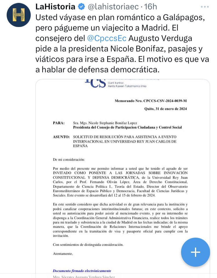 lahistoriaec's tweet photo. La prueba de Benito. En los registros del @CpccsEc consta que el consejero Sócrates Verduga presentó el memo en el que pide que ya no le paguen nada de su viaje a Madrid, pasadas las 19h00 de ayer, después que revelamos que el 31 de enero solicitó a Nicole Bonifaz que le paguen pasajes, viáticos y hasta que le hagan el trámite de la visa.