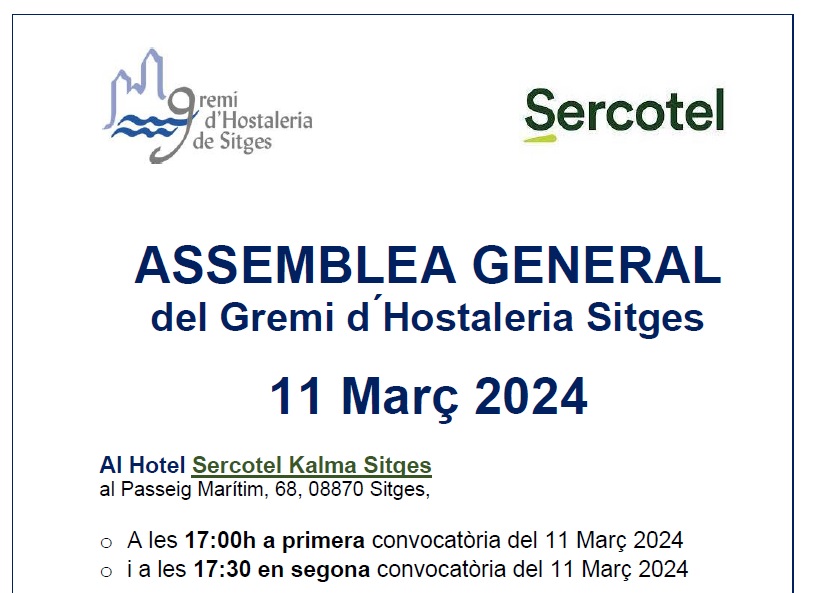 En reunió de Junta Rectora del Gremi del 7 de febrer , es va acordar convocar:

▶️ l’Assemblea General del @GremiHostSitges 
✅ 11 de març de 2024
⏰ a les 16:45h
📍 A l'hotel Sercotel Kalma Sitges

👉gremihs.com/sitges/convoca…