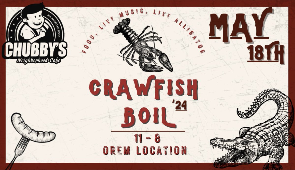 ChubbysOrem's tweet photo. 🔥🔥SAVE THE DATE 🔥🔥
Chubby's Cafe Annual Crawfish Boil🦞🦞
✅May 18
✅Orem University Mall location
✅Cajun food, live band, and family fun! 
Tickets go on sale soon @Orem_City  @U_PlaceOrem #orem #foodie #chubbyscafe #GoCougs https://t.co/eq3qOchSqN