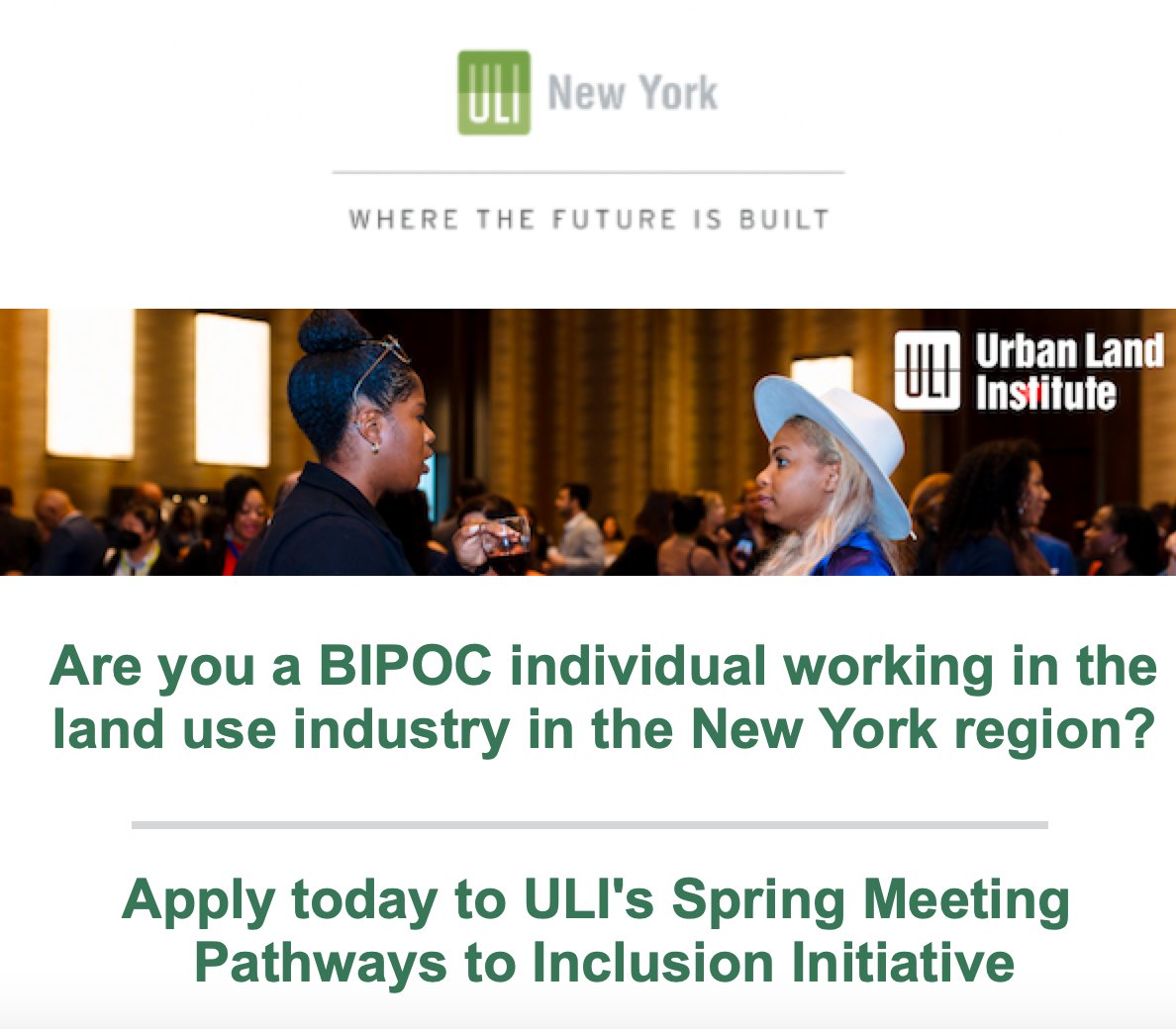 Our Pathways to Inclusion Initiative will provide up to 25 people from equity-seeking communities a scholarship to the 2024 Spring Meeting in NYC from April 9th - April 11th, 2024 (also comes with a one-year ULI associate-level membership!) Apply on on.uli.org/buqx50QzkVC