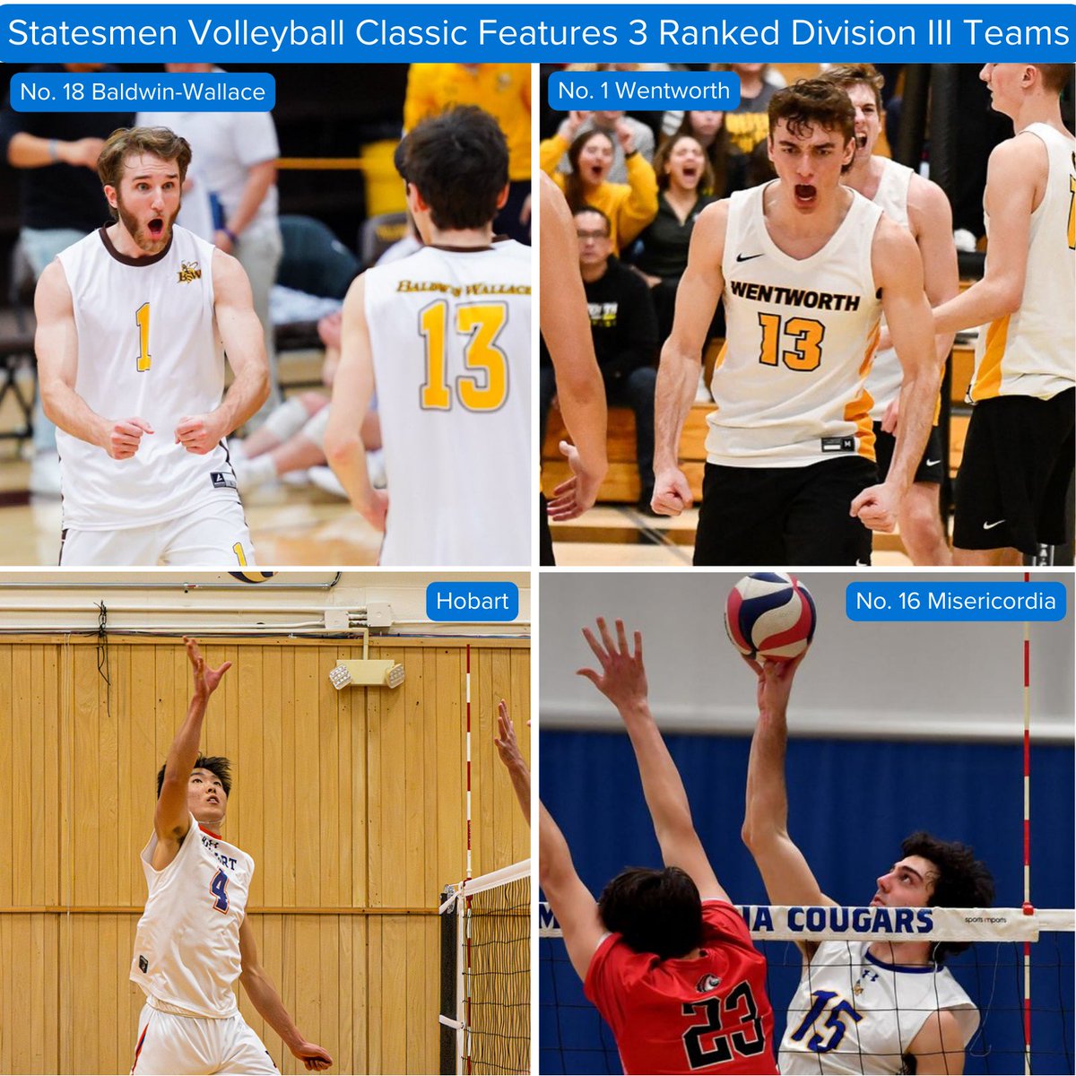 AVCA (@avcavolleyball) on Twitter photo First-year program Hobart will host a marquee Division III MVB tournament this Friday and Saturday. The Statesmen Volleyball Classic includes No. 1 <a href="/witathletics/">Wentworth Leopards</a>, No. 16 <a href="/MUCougars/">Misericordia Cougars</a>, No. 18 <a href="/BWMensVB/">Baldwin Wallace Men's Volleyball</a>, and host <a href="/HWSAthletics/">HWS Athletics</a>.
Watch info: avca.org/news-events/vo…
#WeAreAVCA #NCAAMVB First-year program Hobart will host a marquee Division III MVB tournament this Friday and Saturday. The Statesmen Volleyball Classic includes No. 1 <a href="/witathletics/">Wentworth Leopards</a>, No. 16 <a href="/MUCougars/">Misericordia Cougars</a>, No. 18 <a href="/BWMensVB/">Baldwin Wallace Men's Volleyball</a>, and host <a href="/HWSAthletics/">HWS Athletics</a>.
Watch info: avca.org/news-events/vo…
#WeAreAVCA #NCAAMVB