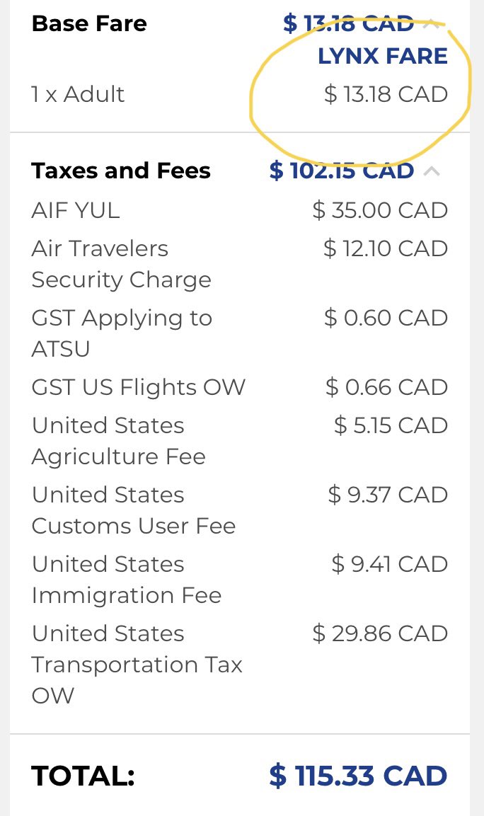 Pensez-vous réellement qu’une compagnie aérienne peut survivre dans cet enfer fiscal? 

<a href="/Fly_LynxAir/">Lynx Air</a> vous demande la modique somme de 13.18$ pour voler vers la Floride en partance de <a href="/yulaeroport/">YUL Aéroport international Montréal-Trudeau</a> . 

Notez que la taxe la plus élevée est de 35$ en “Airport Improvement Fee”. On