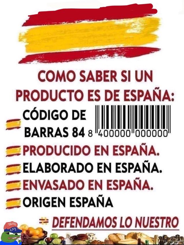 🇪🇸 | La comunidad patriótica anima a los españoles a comprar productos españoles.

En el caso de que el consumidor desconozca el origen del producto, solo tendrá que fijarse en el código de barras que empieza por el número “84” para saber que se trata de un producto español.