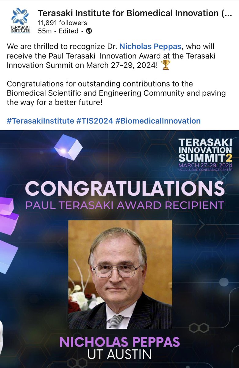 Honored. Thank you @TerasakiInst Thank you long term collaborators, esp Bob Langer, Paolo Colombo, Patrick Couvreur, @khademh. Thank you my students and coauthors. Thank you @TexasChE @UTBiomedical @CockrellSchool @UTexasPharmacy @DellMedSchool @UTPortugal @UTAustin @PurdueChemE