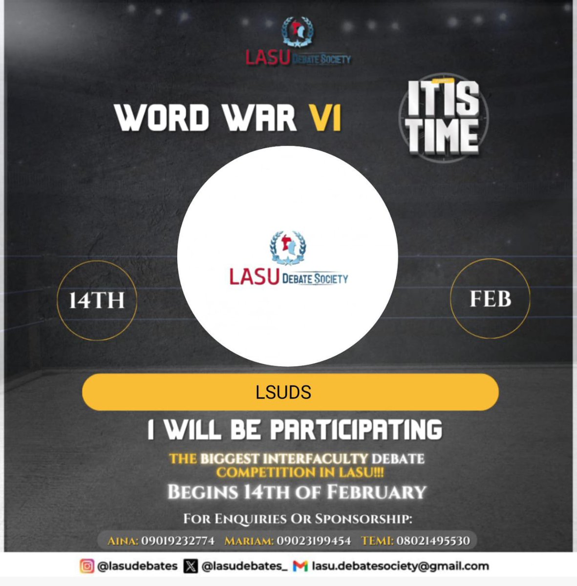 Lasudebates's tweet photo. Your gate pass for Word War VI as a participant is hereโผ๏ธ๐
Click the link below to create your personalised DP, upload on your social media platforms and tag "@wordwarlasudebates" and "@Lasudebatesโ using the hashtags "#WordWarVI", #LasuDebateSociety.
https://t.co/QGKiRLmUbl https://t.co/Xfn1RM7n1O