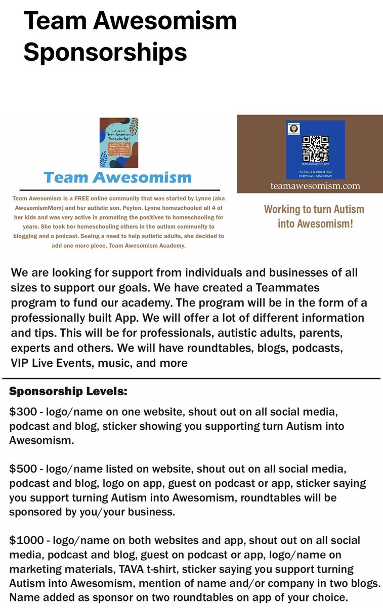 AwesomismMom's tweet photo. We are looking for sponsors for @TeamAwesomism! Interested? Want more information? Reach out! #Autism #SponsorsNeeded #Sponsorship #AutismAcceptance. #TeamAwesomism #Awesomism https://t.co/99Wlnl4fBX