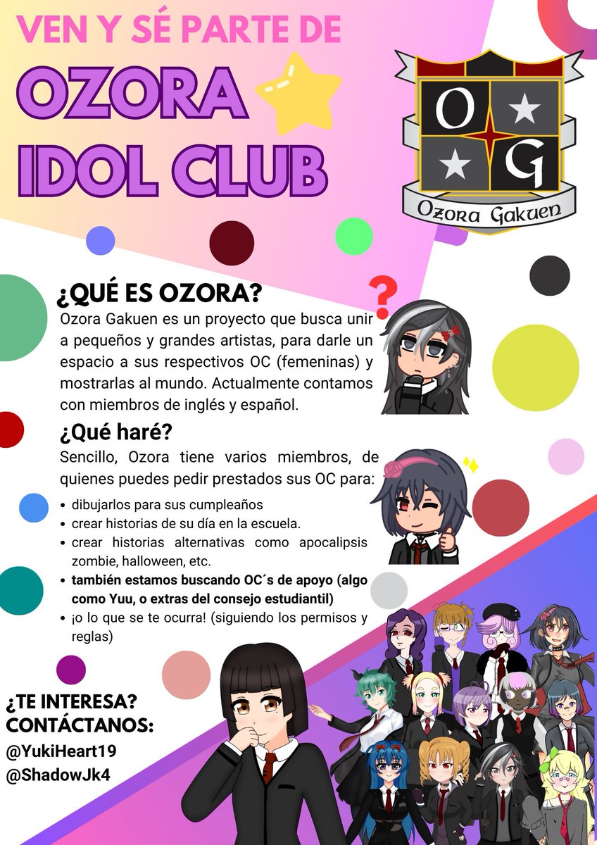 YukiHeart19's tweet photo. Hiiii Yuki's here to continue with the recruitment diffusion, it's my turn~
We're inviting you to be part of Ozora to give your OC a home and friends.
#InternationalStarSIProject #OzoraGakuen #ProjectOCStars #OC #originalcharacter #original_character #Idol_Club https://t.co/alxrbYoq7l
