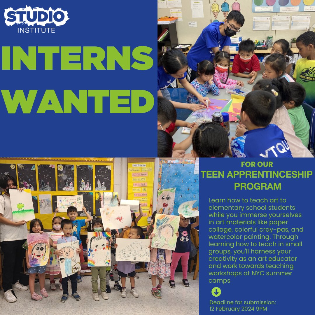 studioinstitute.submittable.com/submit/281868/…
Explore the world of visual art while mastering lesson planning techniques to teach elementary students, paving your path to leading workshops at NYC summer camps. #ArtEducation #InternshipOpportunity #NYCSummerCamp