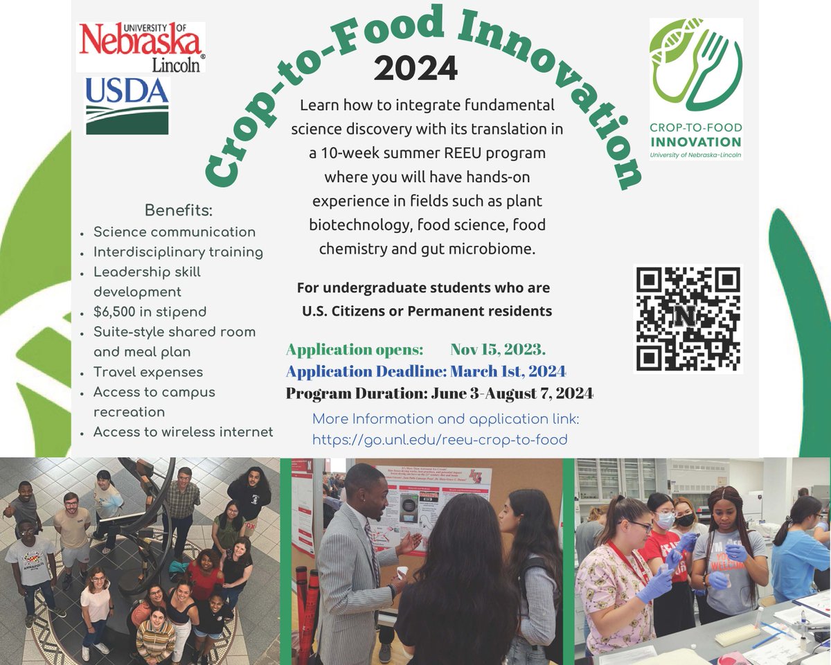 ecahoon2's tweet photo. RT Looking for STEM undergrads for our 2024 Crop-to-Food Innovation REEU summer intern program. Learn the science that generates new food &amp; feed products in active lab settings + build science communication &amp; leadership skills. 3 weeks to deadline https://t.co/dskIkmFtKF https://t.co/idDPjETVEJ
