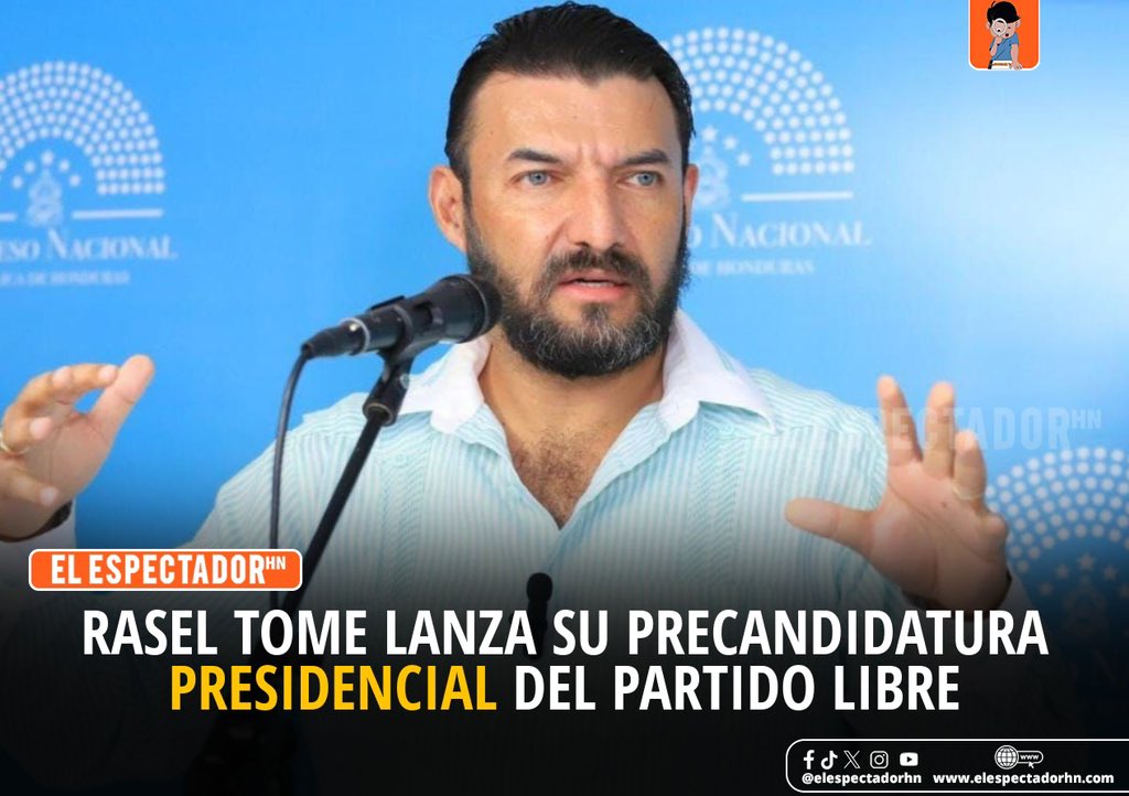 ElEspectadorHn's tweet photo. RASEL TOMÉ LANZA SU PRECANDIDATURA PRESIDENCIAL DEL PARTIDO LIBRE

El vicepresidente del Congreso Nacional Rasel Tomé lanza su precandidatura presidencial por parte del Partido Libre.

Con el movimiento Morena Libre, bajo el principio de que el País le pertenece al pueblo hondureño.
@raseltome