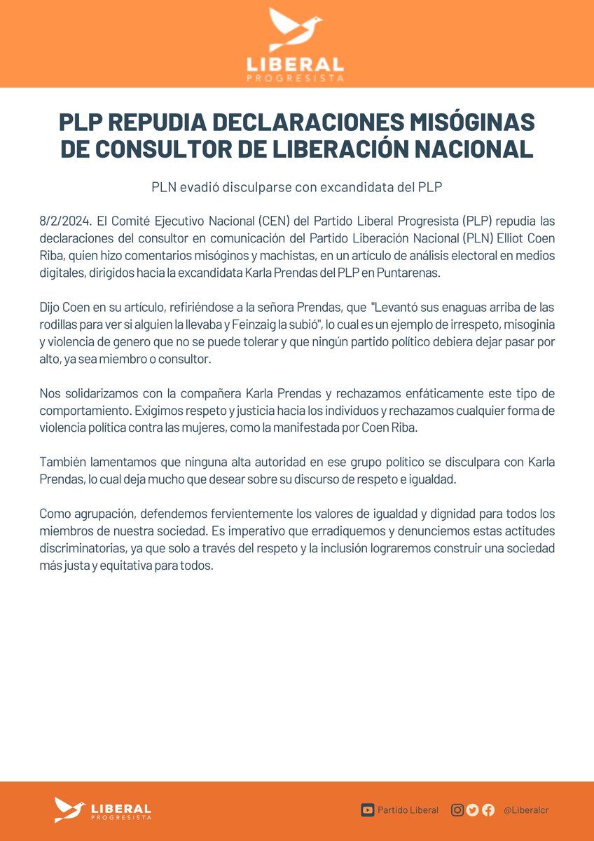 Rechazamos las expresiones misóginas de un consultor político del PLN contra Karla Prendas, compañera del Partido Liberal Progresista. Ese tipo de actos son deleznables. #PLP