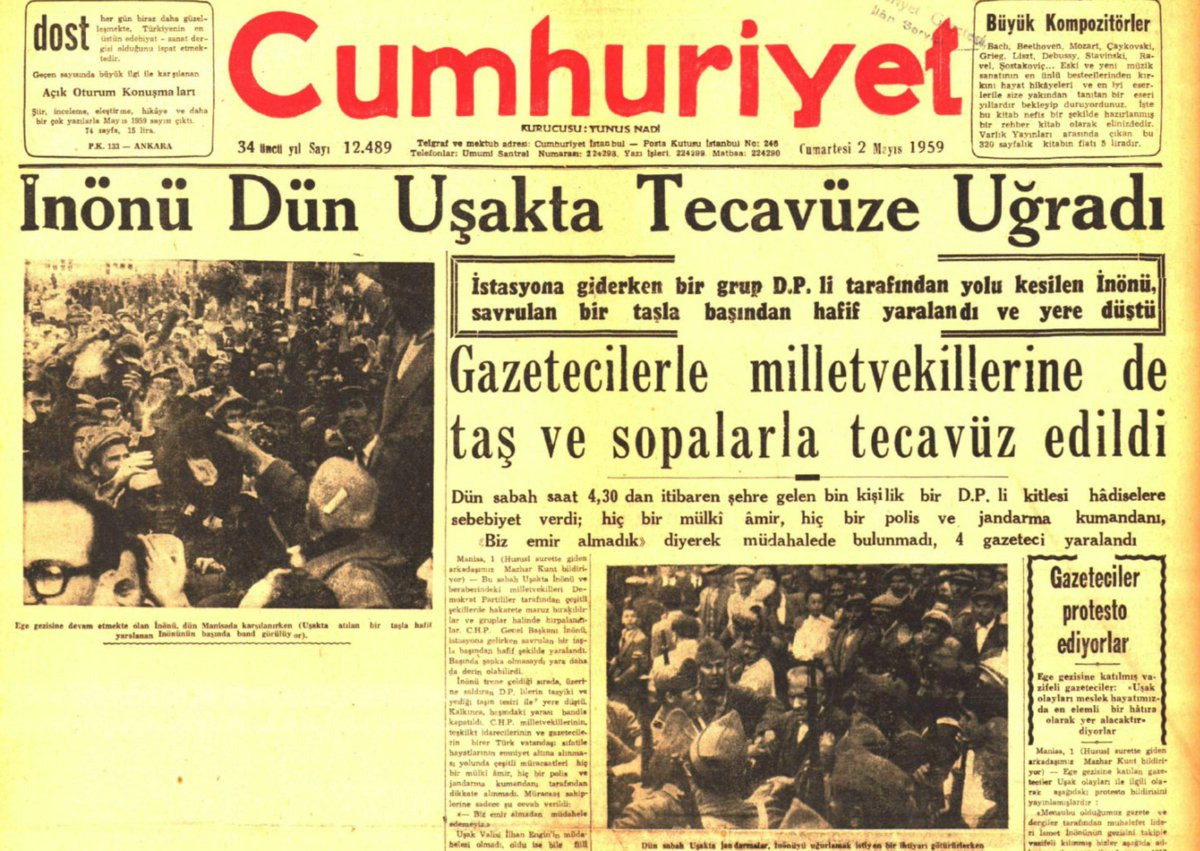 100yilinSecimi's tweet photo. "İnönü'ye atılan taş" hadisesi...
1 Mayıs 1959, DP'nin otoriterliğinin, CHP'ninse popülerliğinin ve dinamizminin arttığı günler. Uşak ziyareti dönüşü istasyon yolunda bir grup saldırgan İnönü ve kafilesine taşlarla saldırır. Başından yaralanan İnönü yere düşer. 1/3 https://t.co/FLwCcE1YSG