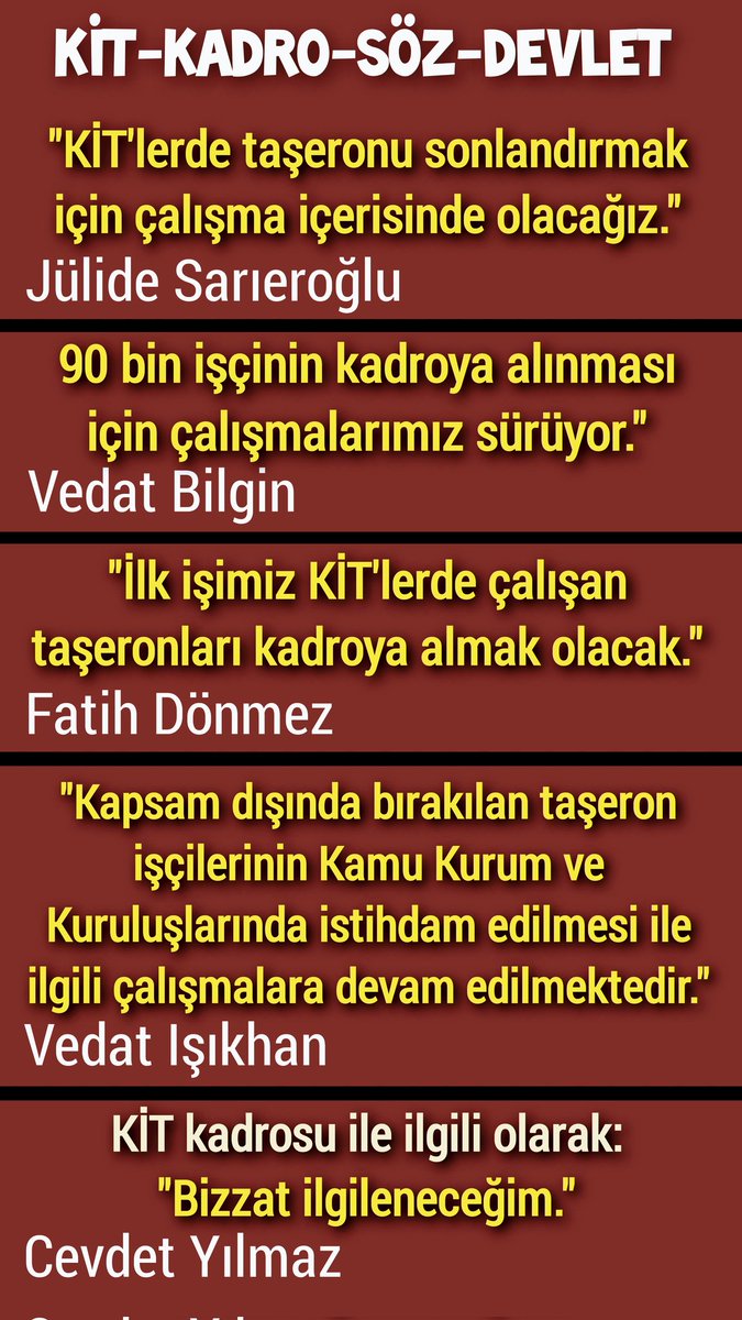 #HaktırTaşeronaKadro Mazlumdur işçi,emek verir çile çeker alın teri döker mazlumun duasını alın bedduasından sakının.Sözleriniz ile biz mazlum işçileri umut verdiniz bu ümitleri yeşertin kurutmayın.Sözler tutulsun güven kazanılsın.Devlet taşeron çalıştırmamalı.TAŞERON RANTTIR....