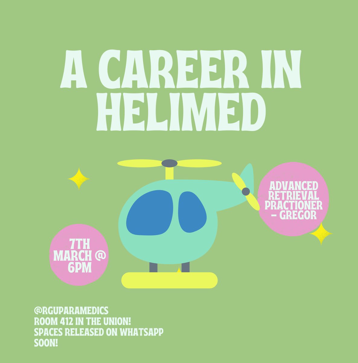 RGUParamedicSociety (@rguparasoc) on Twitter photo ✨A CAREER IN HELIMED✨ 
Come along to hear about all things Helimed! Gregor is coming along to talk to us about his career, advice on this career and to answer any questions you might have! 🚁
Spaces released on WhatsApp soon! ✨A CAREER IN HELIMED✨ 
Come along to hear about all things Helimed! Gregor is coming along to talk to us about his career, advice on this career and to answer any questions you might have! 🚁
Spaces released on WhatsApp soon!