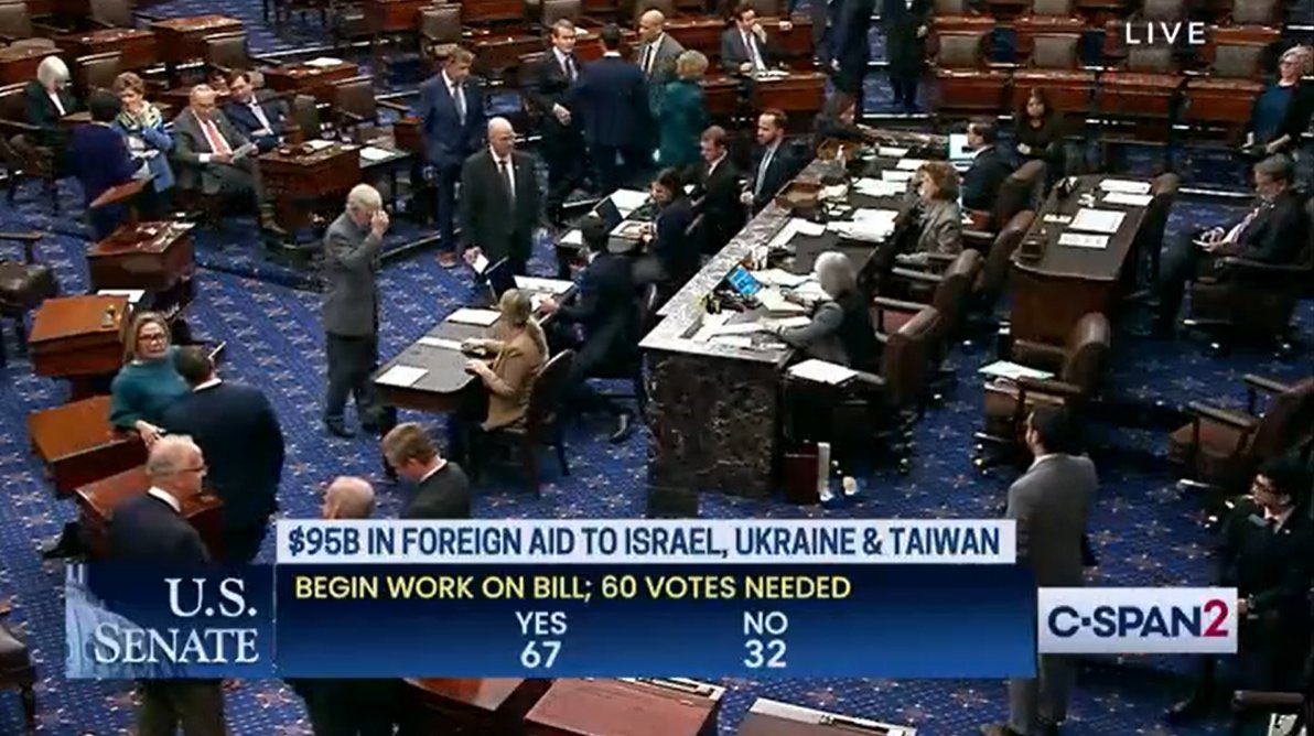 The US Senate voted 67 to 32 in order to begin debating the $95 billion aid bill for Ukraine 🇺🇦 Taiwan 🇹🇼 and Israel 🇮🇱

The vote to pass the bill in the Senate has not taken place yet, but it is still good news that it is moving forward