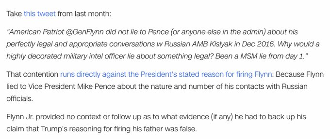 douglittlejr's tweet photo. @AWodz1234 @john_faidutti @LindseyGrahamSC @MarkMeadows @NikkiHaley @SecretService @HouseGOP @SpeakerMcCarthy @realDonaldTrump April '18,  Cohen father in law loan leaked, bout month later an emotional Flynn Jr in protecting his dad brought into question who all was in going down.  
The excerpt below back then indicates Flynn Jr may be pointing to inner circle peeps more plausible, arguable #ChicagoLoan https://t.co/d4KDSC9GoJ