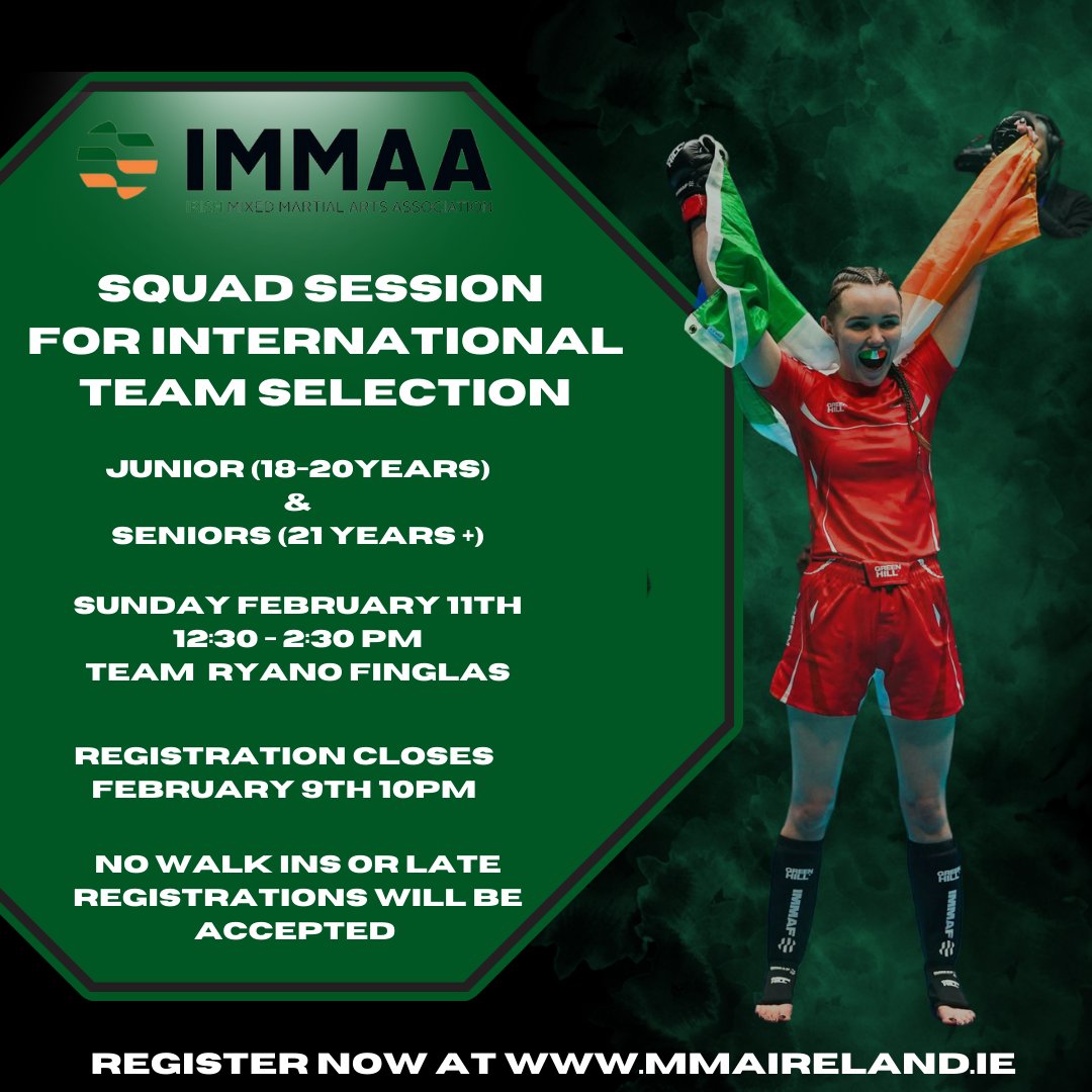 Don't miss your chance to register for this Sundays Adult MMA Squad Session!
Registration closes tomorrow (Friday) night at 10pm and no late registrations or walk-ins will be accepted! 

Registration and details below ⬇️
mmaireland.ie/2024/01/24/adu…

#IMMAA #TeamIrelandMMA