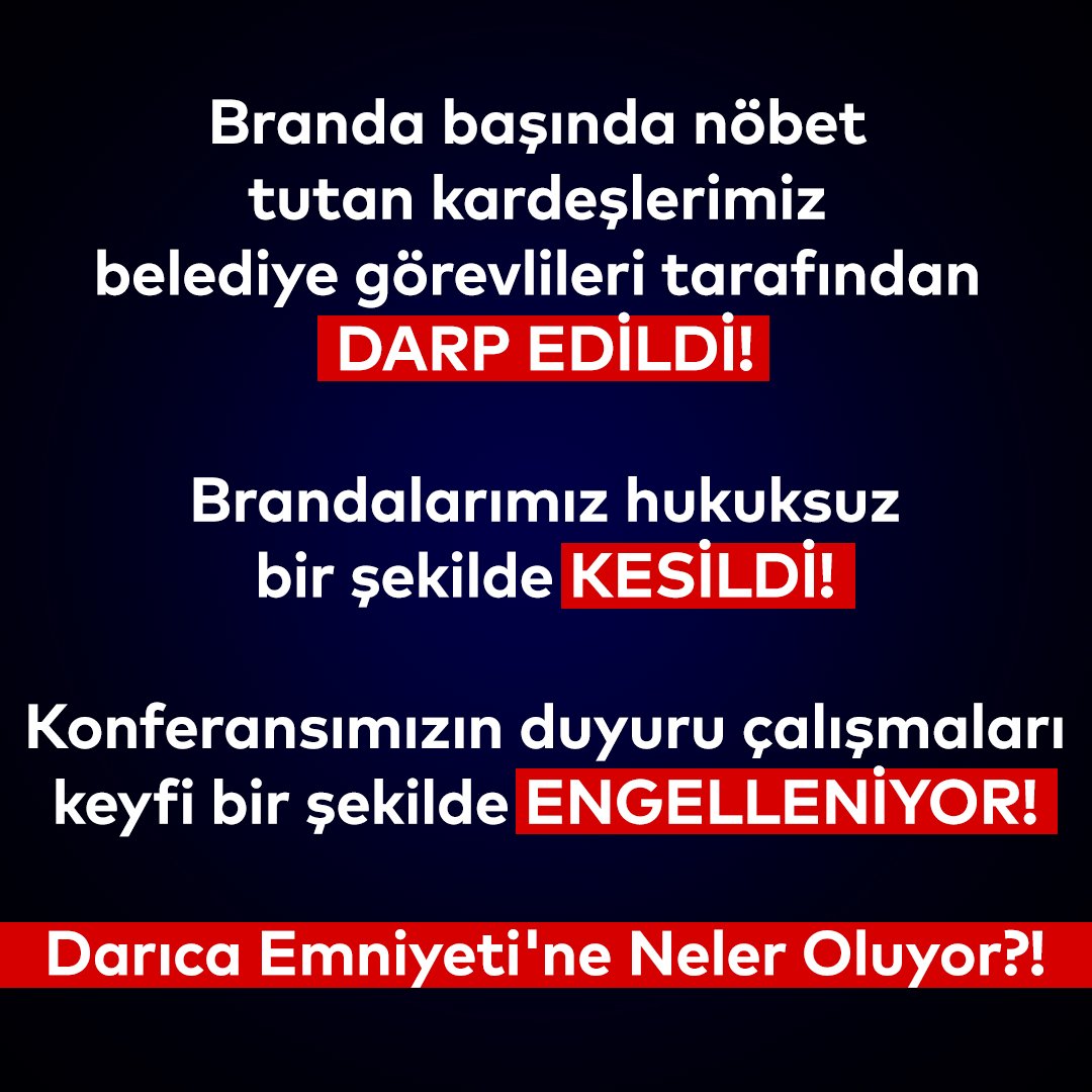 furkanhareketTT's tweet photo. Branda başında nöbet tutan kardeşlerimiz belediye görevlileri tarafından DARP EDİLDİ! 

Brandalarımız hukuksuz bir şekilde KESİLDİ! 

Konferansımızın duyuru çalışmaları keyfi bir şekilde ENGELLENİYOR! 

islami KonferansEngelleniyor
#DarıcaEmniyeti https://t.co/7LXtrSQNn6
