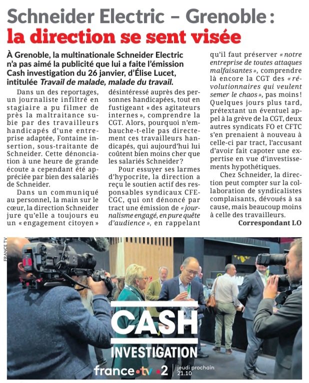 #Grenoble #SchneiderElectric 
#CashInvestigation
⬇️ Lire article  #LutteOuvriere de cette semaine