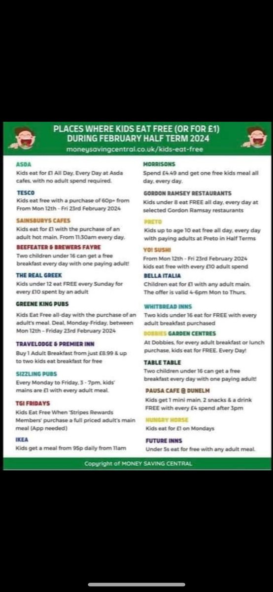 A reminder about non-school uniform day tomorrow and our Easter Egg collection for the location food bank. 

With the holiday just around the corner, here’s a list of places where kids eat free, which may come in useful. 🍽️