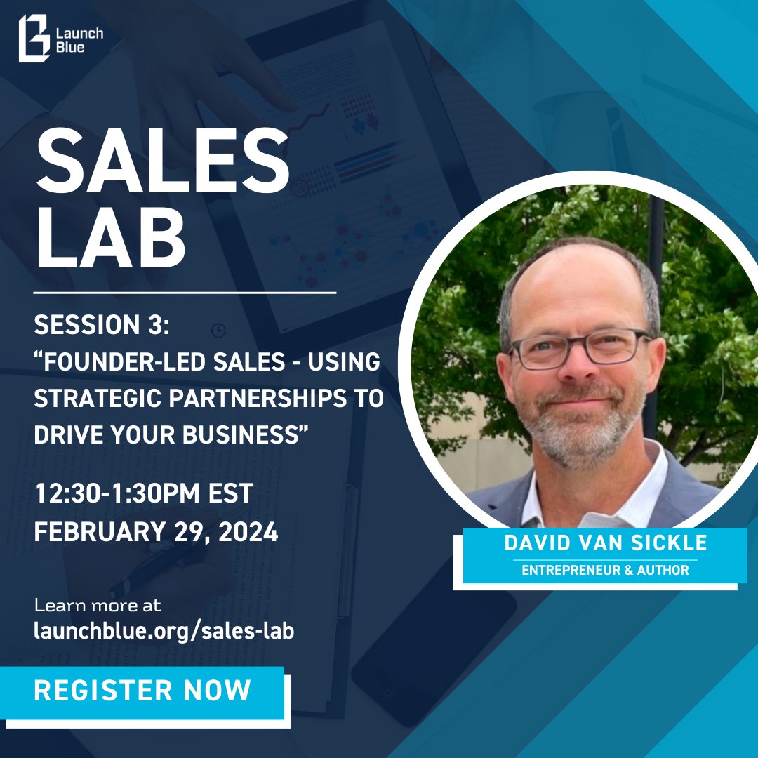 Launch Blue (@launchblueky) on Twitter photo Sales Lab begins soon! Our 3rd session, "Founder-Led Sales - Using Strategic Partnerships to Drive your Business," will be hosted by entrepreneur and author, <a href="/dvansickle/">David Van Sickle</a>.
Sales Lab is free to register, and 100% online!
Register for Sales Lab▶️ ow.ly/rI8c50QyWLL Sales Lab begins soon! Our 3rd session, "Founder-Led Sales - Using Strategic Partnerships to Drive your Business," will be hosted by entrepreneur and author, <a href="/dvansickle/">David Van Sickle</a>.
Sales Lab is free to register, and 100% online!
Register for Sales Lab▶️ ow.ly/rI8c50QyWLL