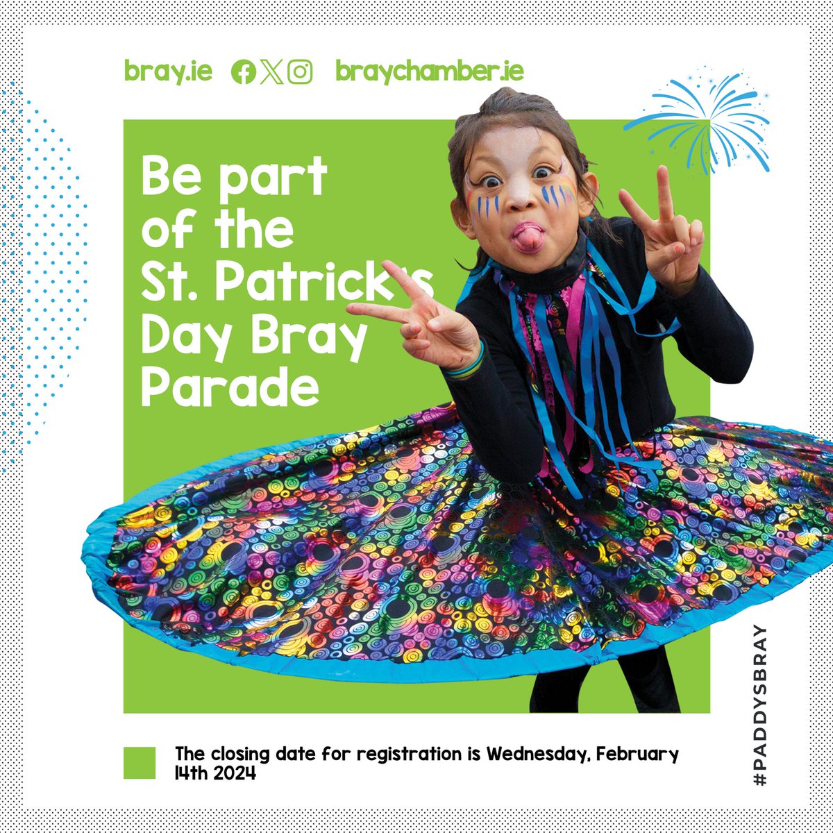 bray_ie's tweet photo. Be part of the #StPatricksDay 2024 #BrayParade…
The committee of #StPatricksFestivalBray is inviting groups to participate in this year’s parade.
Read more + sign up ➜ https://t.co/bcjCDSTNNt
#PaddysBray #LoveBray #BestOfBray #SpringInBray https://t.co/uV0wpRgOn4