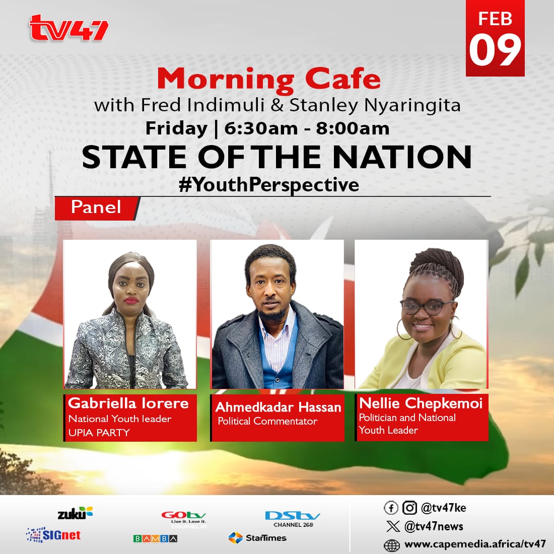 Don't miss to catch the 'State of the Nation' discussion on #YouthPerspective from 6:30am with @Fredindimuli and @Nyaringita_ on #MorningCafe 🔥🔥