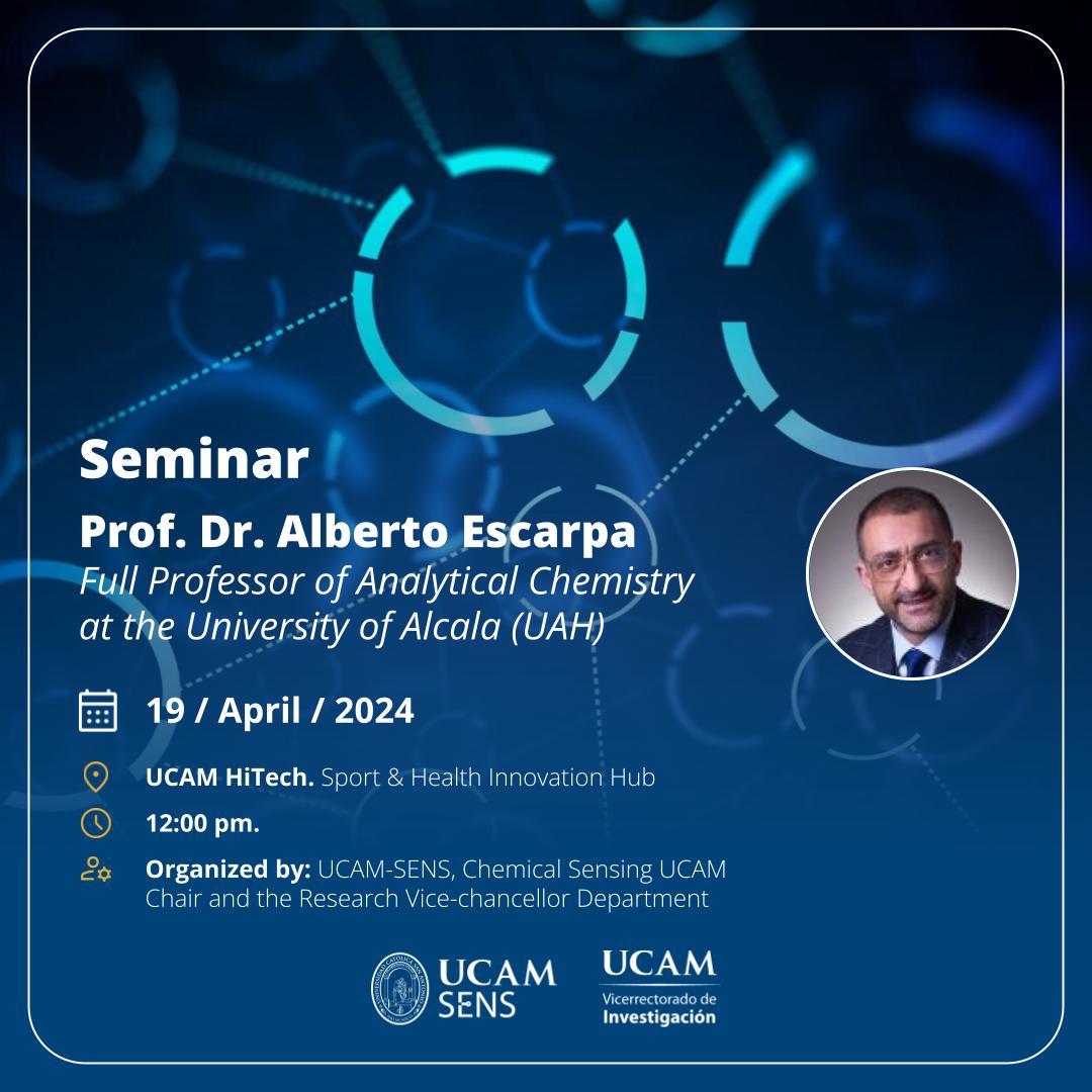 UCAM's tweet photo. 📢 Conferencia: Alberto Escarpa (@UAHes) ➡️ (Electro)chemical (bio)sensing in micro-size environments
✅ Organiza @UCAM_SENS y @UCAM_Investiga

📆 19 de abril
⏰ 12:00 horas
📍 @HiTechUCAM 

ℹ️  https://t.co/FlpqxZQUF1 https://t.co/3P1VliPoZV