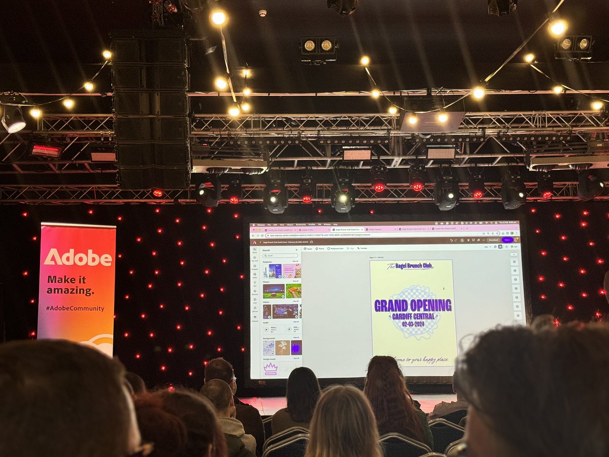 shugarDadddy's tweet photo. At the #AdobeCommunity event in Cardiff, where the presenter is demo-ing the new Adobe Express.

It's basically Photoshop but make it Canva and run from your browser. Looks neat tho https://t.co/wJ7WYGwE9h
