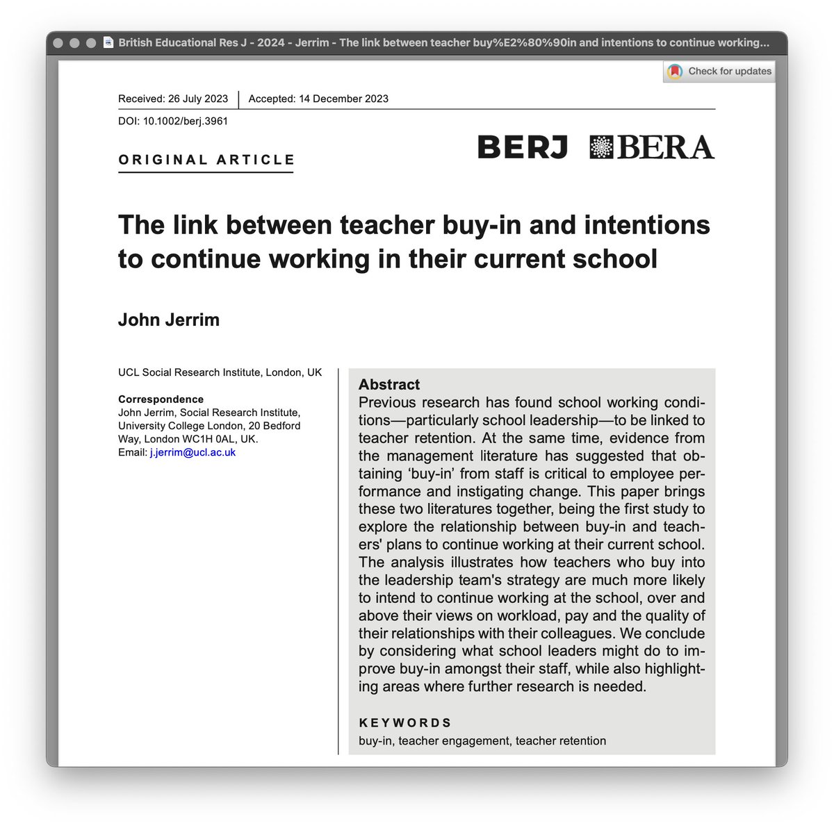 @EducEndowFoundn @DrSamSims @Doug_Lemov @AlexJQuigley 9/ Study on staff 'buy-in' from @JohnPeterJerrim → Suggests teachers who believe in their school’s strategy are significantly more likely to stay, and that buy-in is a stronger predictor of retention than workload, pay, or colleague relationships bera-journals.onlinelibrary.wiley.com/doi/full/10.10…